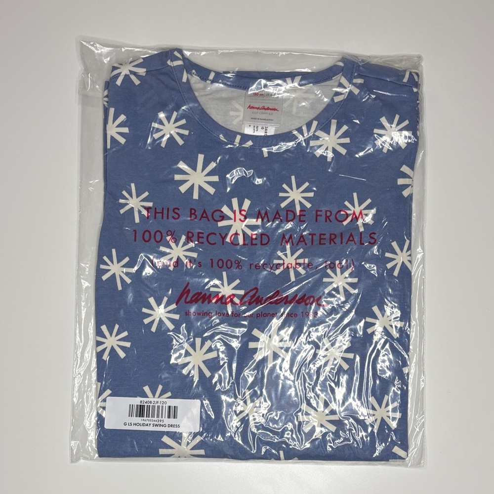 NWT Hanna Andersson Long Sleeve Swing Dress, Size 120 (US 6-7), Snowflake Blue - Picture 2 of 4